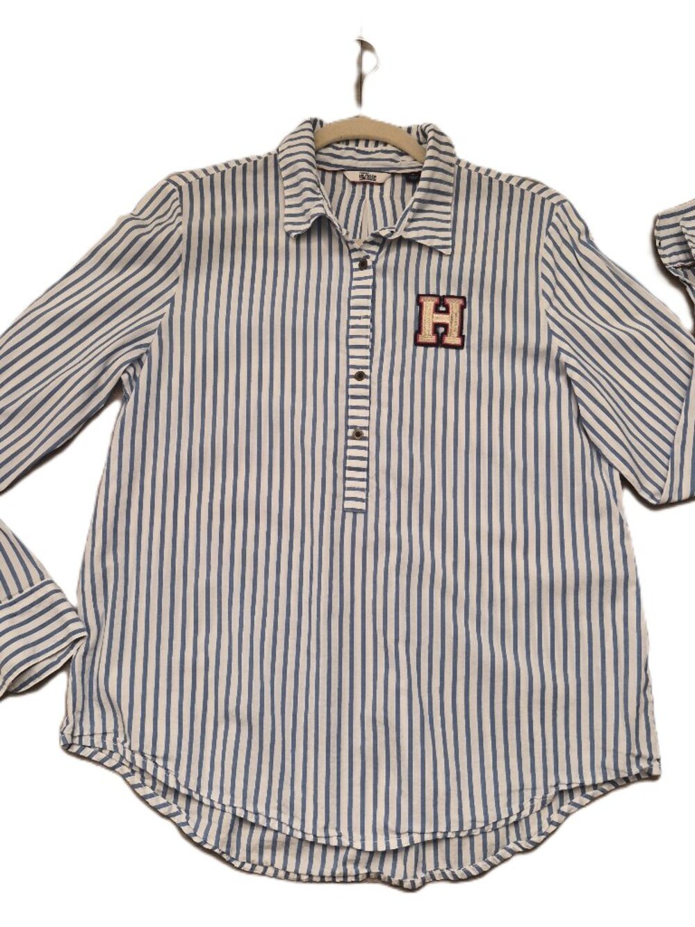 Tommy Hilfiger Denim Womens Shirt M Blue White Stripe H Patch Cotton Viscose